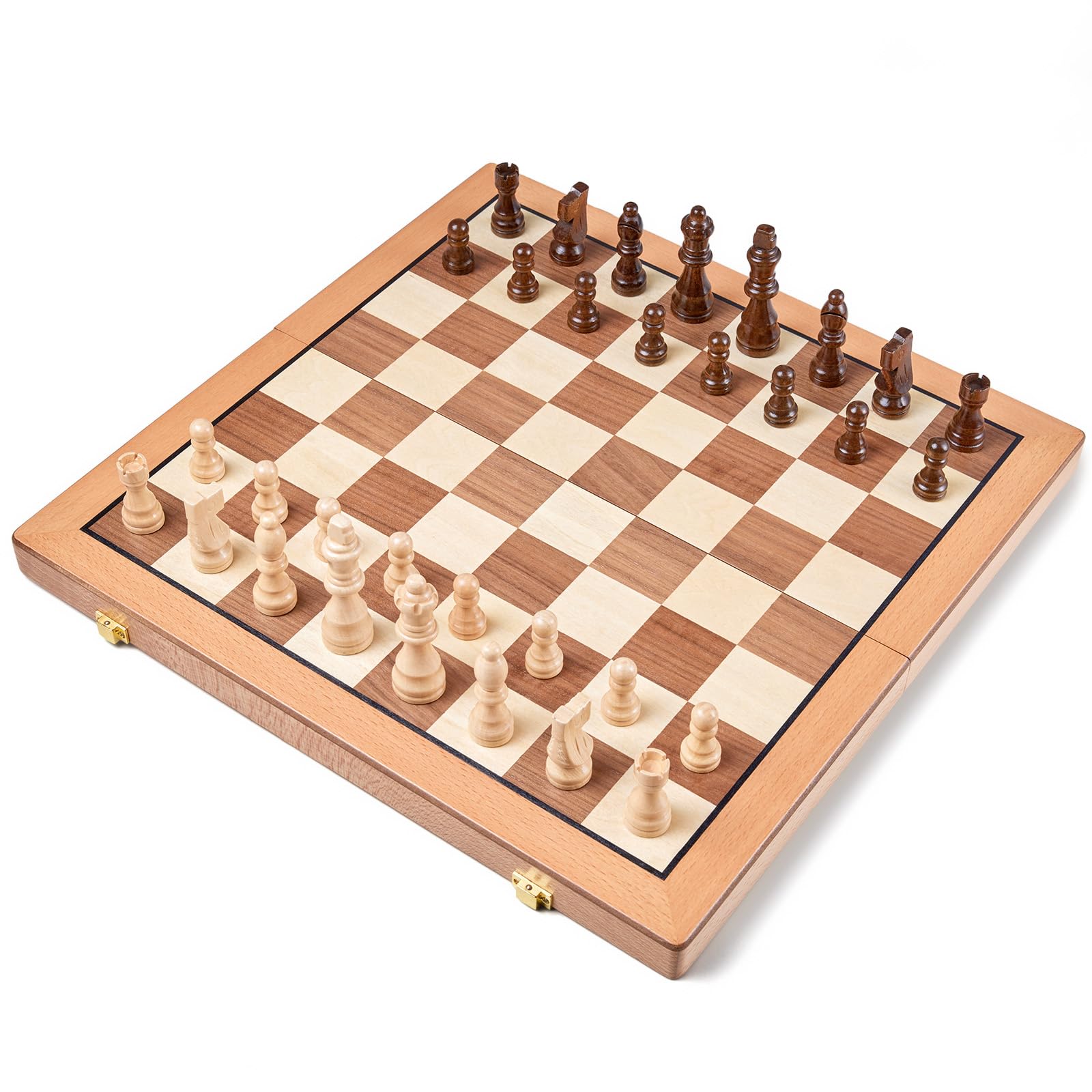 AMEROUS Magnetic Wooden Chess Set, 15 Inches Handmade Wooden Folding Travel Chess Board Game Sets with Chessmen Storage Slots for Kids and Adults, 2