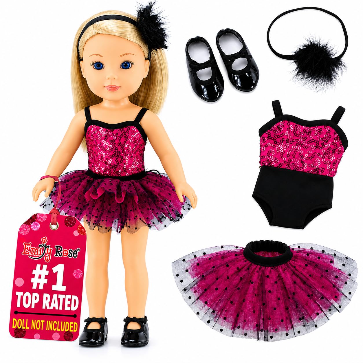 Emily Rose 14" Doll 4-PC Ballet/Tap/Jazz Recital Outfit with Tap Shoes | Sequin Leotard, Feather Headband & Tutu | Gift Boxed | Fits WellieWishers &