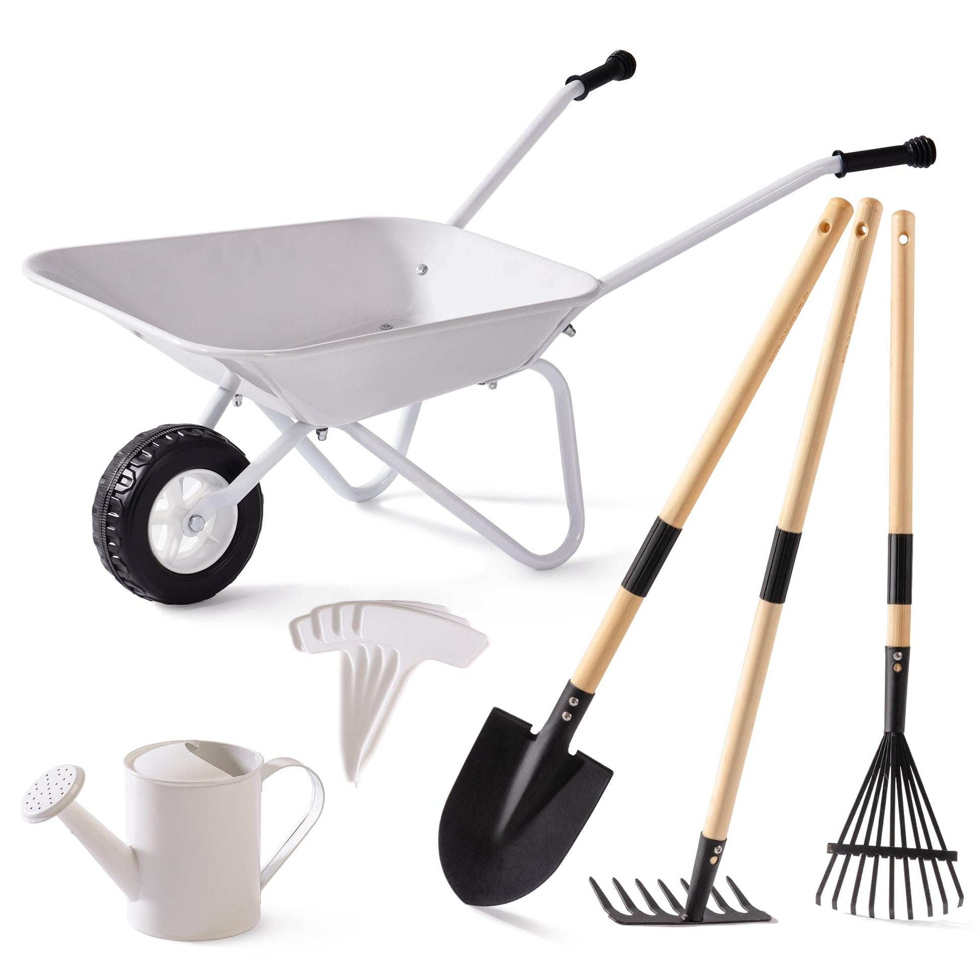 ROBOTIME Kids Wheelbarrow with Gardening Set - Metal Wheelbarrow Toddler Outdoor Play Toy with Garden Tools, Watering Can & Plant Labels, Pretend Play