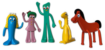 NJ Croce Gumby & Friends Bendable Action Figure Boxed Set Gumby, Pokey, Minga, Goo & Prickle Flexible and Poseable Classic Full Size Toy Set