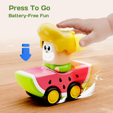 iPlay, iLearn Press to Go Car Toys for Toddlers 1-3, Baby Fruit Racing Cars