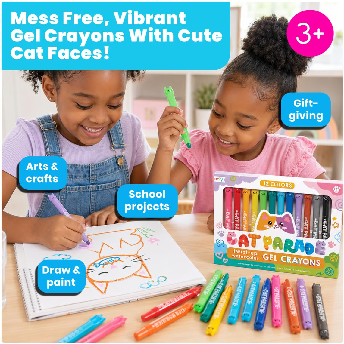 Ooly Cat Parade Gel Crayons for Kids and Adults - Set of 12 Rainbow Color Crayons for Glass and Paper Surfaces with Cat-Shaped, Twist-Up Caps - Smooth