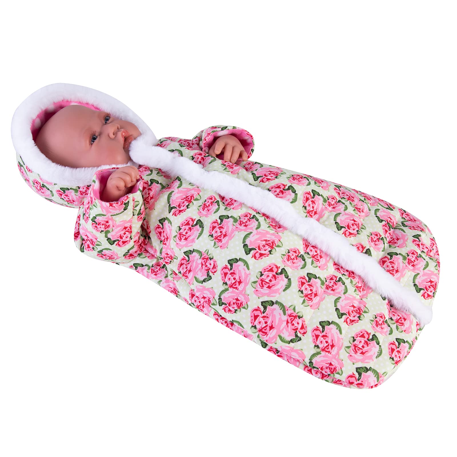 Rakki Dolli Doll Jumpsuit Sleeping Bag Handmade Doll Clothes Hooded Romper Pink Rose Winter Hoodie Doll Accessory Soft Thick Swaddle Blanket Fit