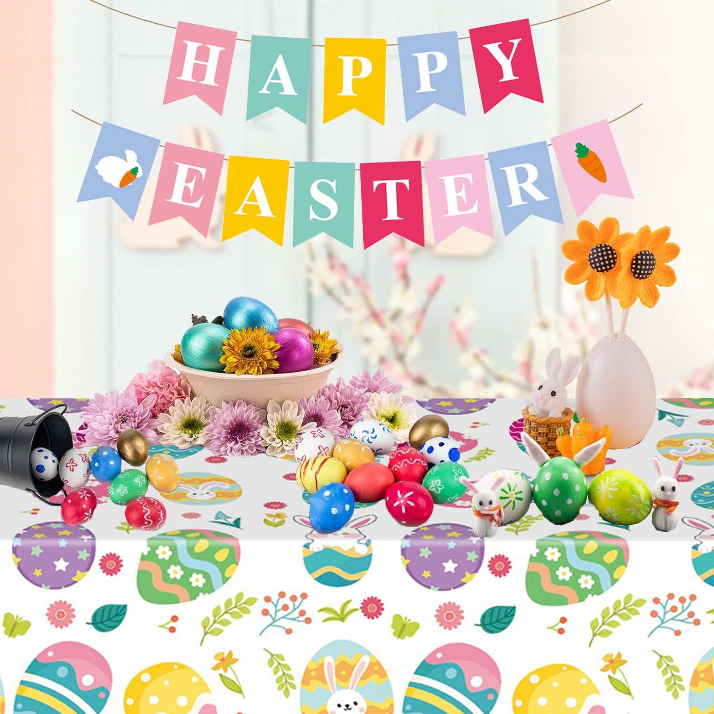 MEILINJIAN Easter Tablecloths 2 Pack Disposable Plastic with Happy Easter Paper Banner - 54x108 Inch Spring Party Decorations for Egg Hunt, Dinner