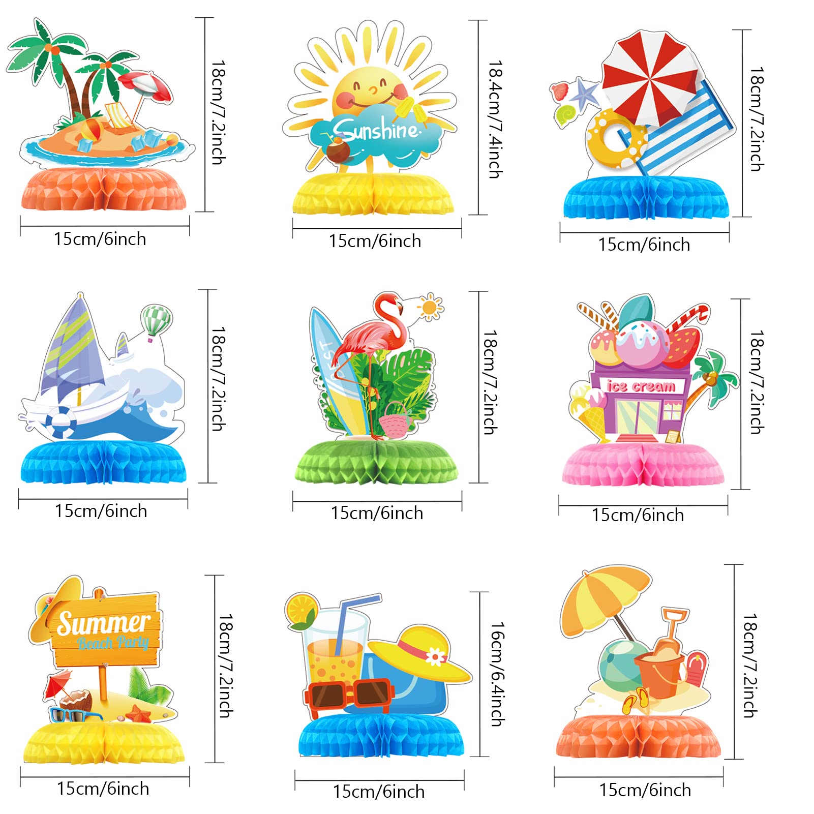 Tarklanda 9 Pcs Hawaii Beach Honeycomb Centerpieces, Summer Pool Party Table Toppers 3D Double Side Paper for Hawaii Luau Pool Birthday Photo Props