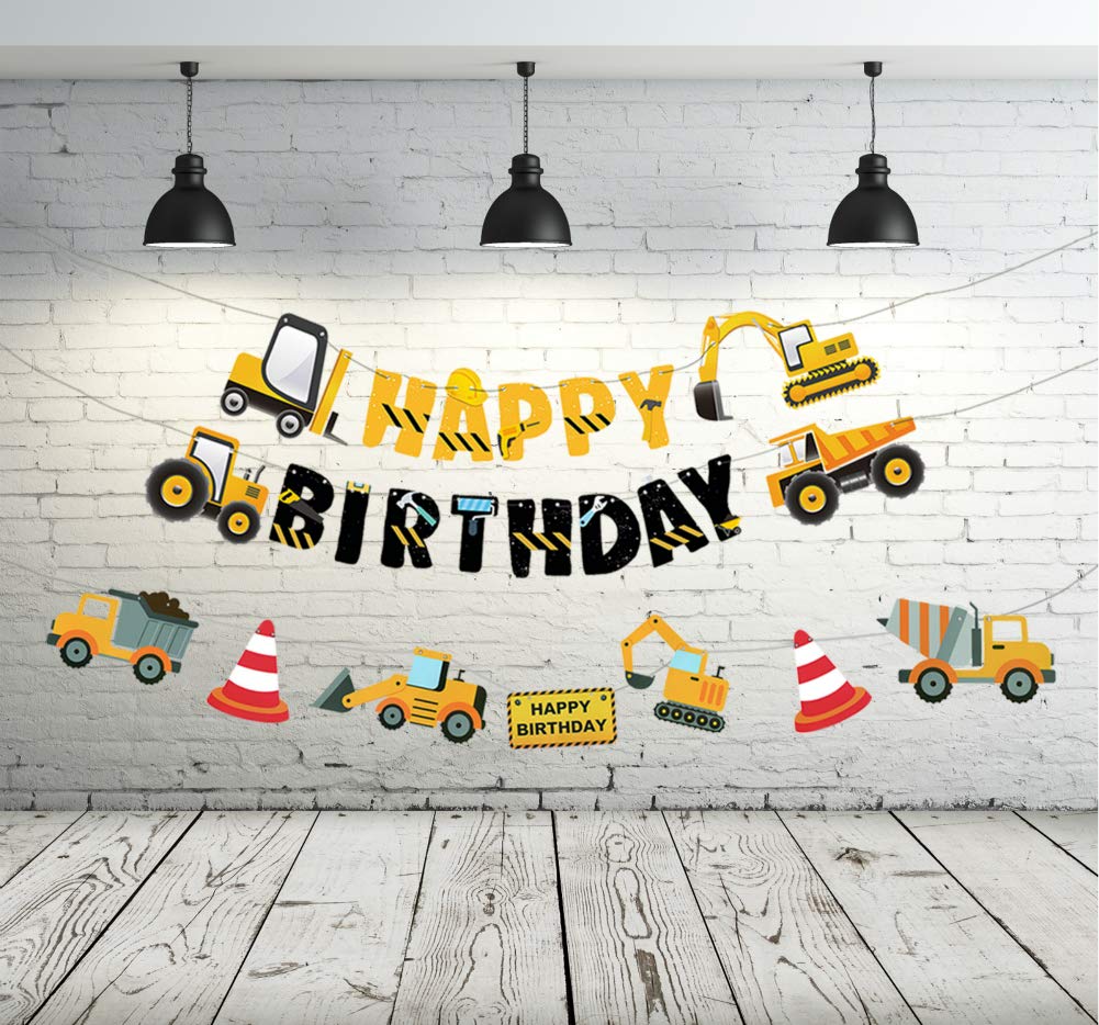 3 Packs Construction Happy Birthday Banner and Vehicle Truck Garland, Construction Party Supplies Decoration Set for Birthday Party, Baby Show