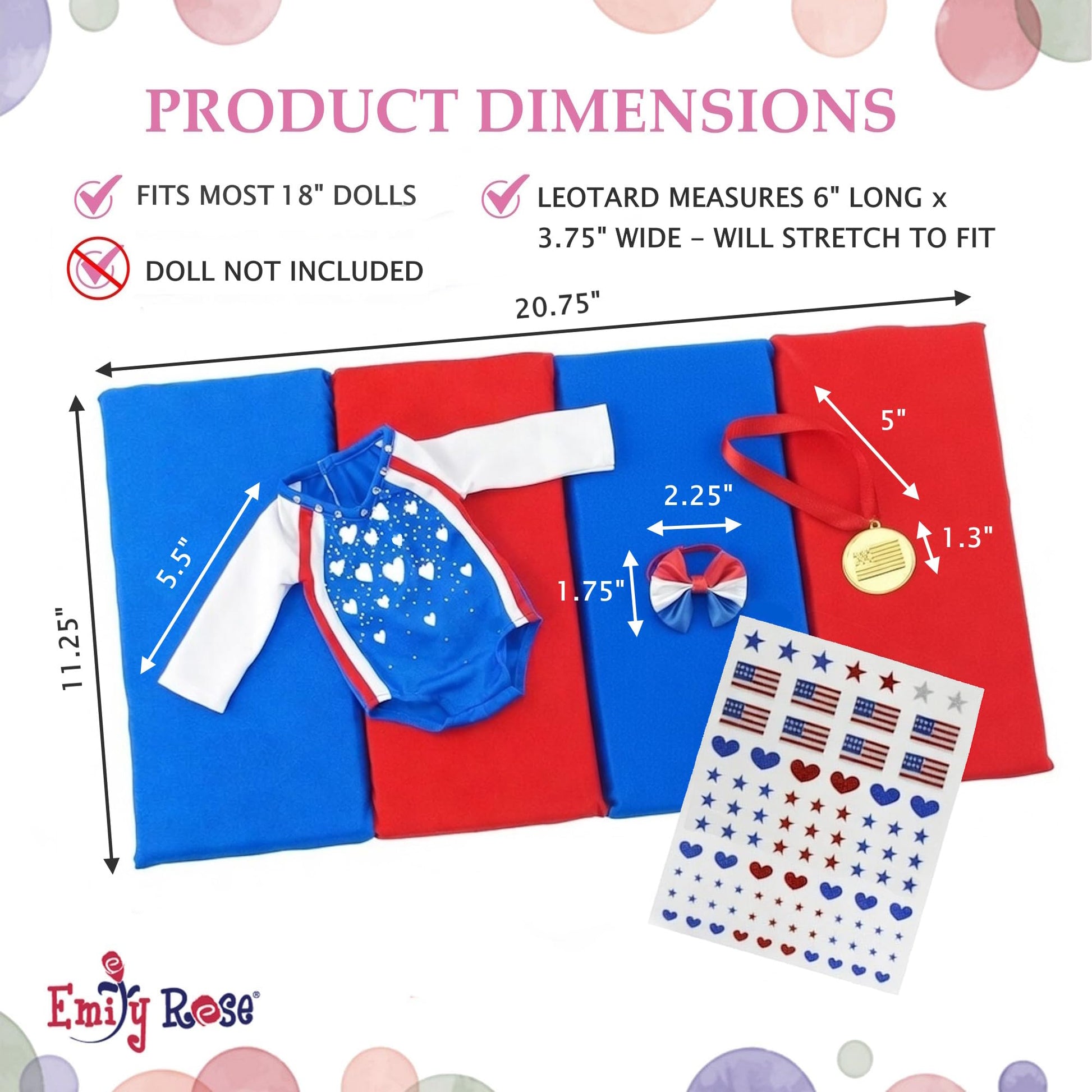 Emily Rose 18" Doll Gymnastics Outfit 5-Piece Set - Bejeweled Athletic Gymnast Leotard, Medal, Hair Bow, Mat, & Reuseable Stickers | American Girl