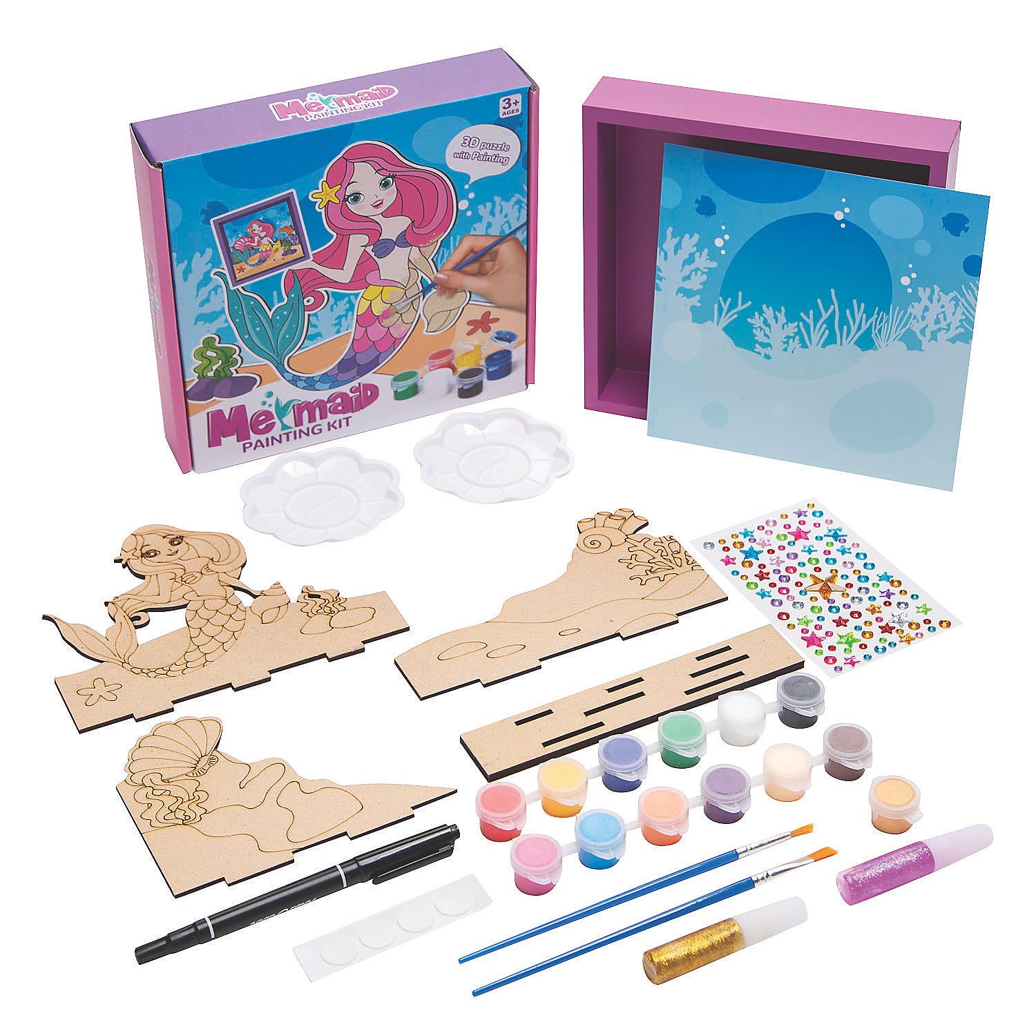 Fun Express 3D DIY Mermaid Wood Puzzle Painting Kit, All in One Kids Craft Kit, Holiday, Birthday and Everyday Gifts, Great Creative Activity for Home