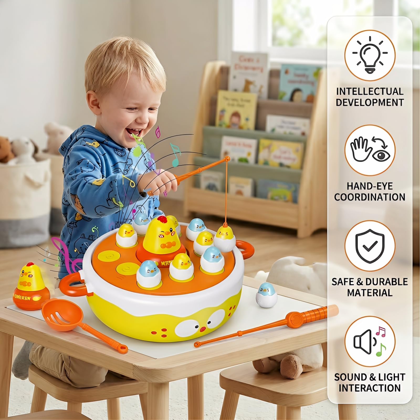 4 in 1 Table Game for kids, Bounce and Catching Game, Fishing Game, Bowling Toy, Tic-Tac-Toe, Music,Light, Hook-a-Chicken, Hand-Eye Coordination