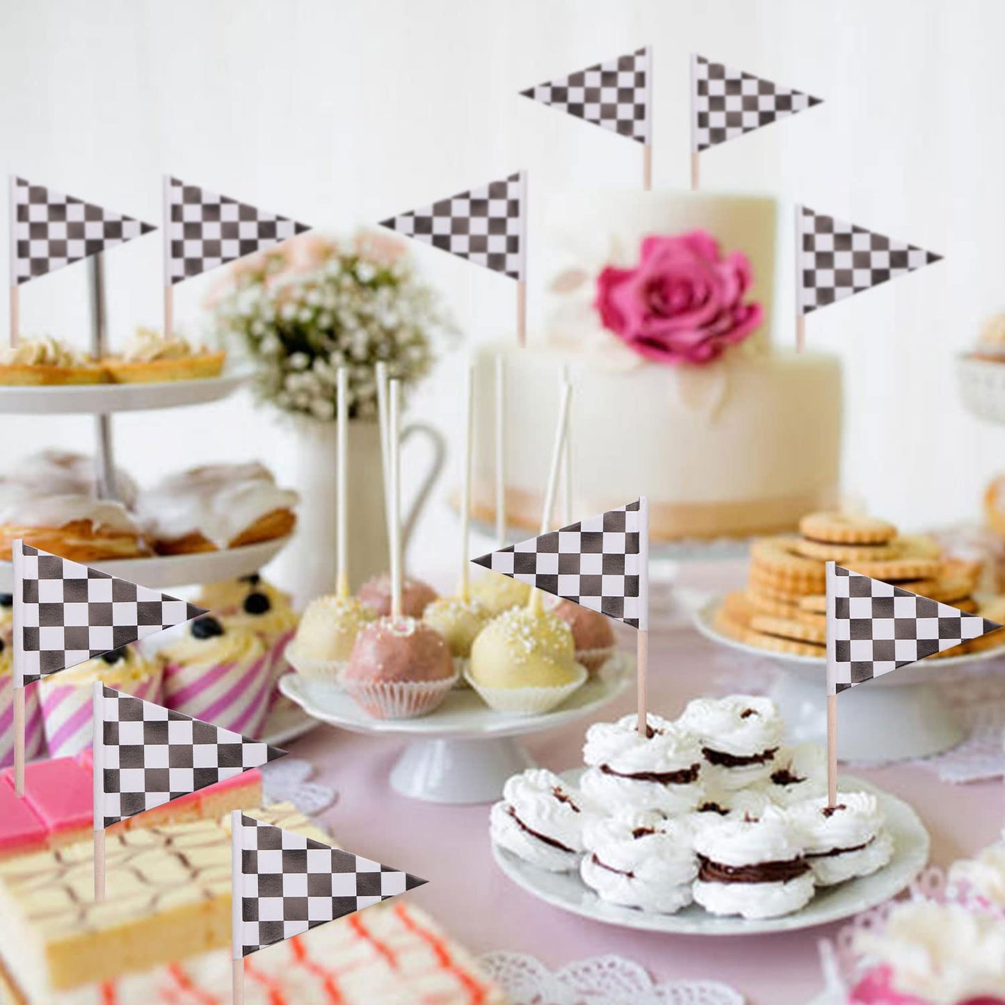 stidsds Checkered Black and White Racing Cupcake Toppers Flags Mini Small Race Car Toothpick Stick Flag Decoration(100 pcs)