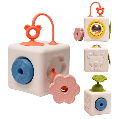 Taf Toys Busy Cube Toy Silicone Activity Cube for Baby 6 Months & Up Pop-It, Shape-Sorting, Sensory Exploration Spinning Bead Ball Develop Motor