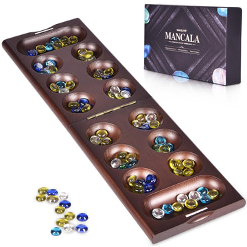 VAMSLOVE Wooden Mancala Board Game with Magnetic Lock / 48+8 Extra Multi Color Glass Stones, Folding Mancala Set for 2 Player, 6 Age and Up