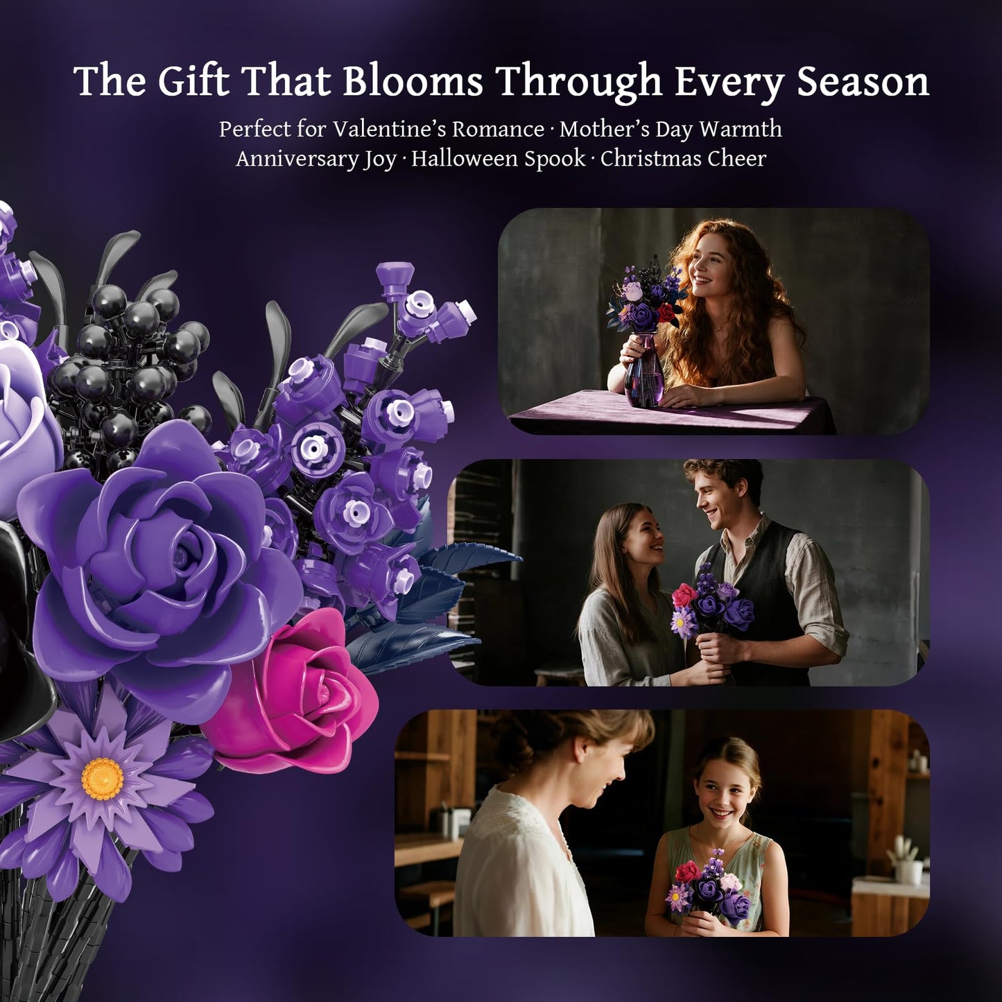 GXJTYYBS Ideas Halloween Purple Flowers Gothic Rose, Compatible with Major Brands Flowers Gift for Adults Women Girls Home Botanical Decoration