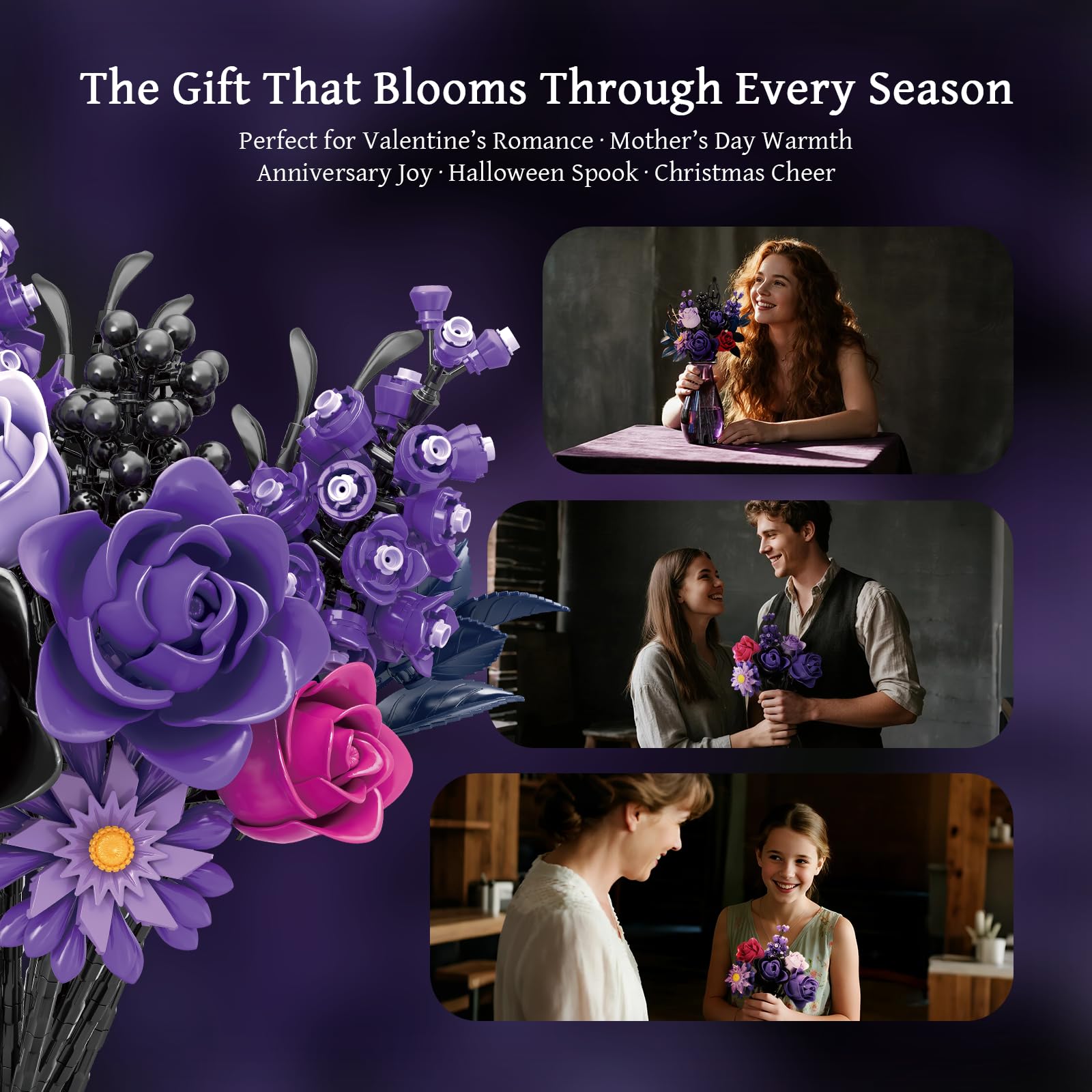 GXJTYYBS Ideas Halloween Purple Flowers Gothic Rose, Compatible with Major Brands Flowers Gift for Adults Women Girls Home Botanical Decoration