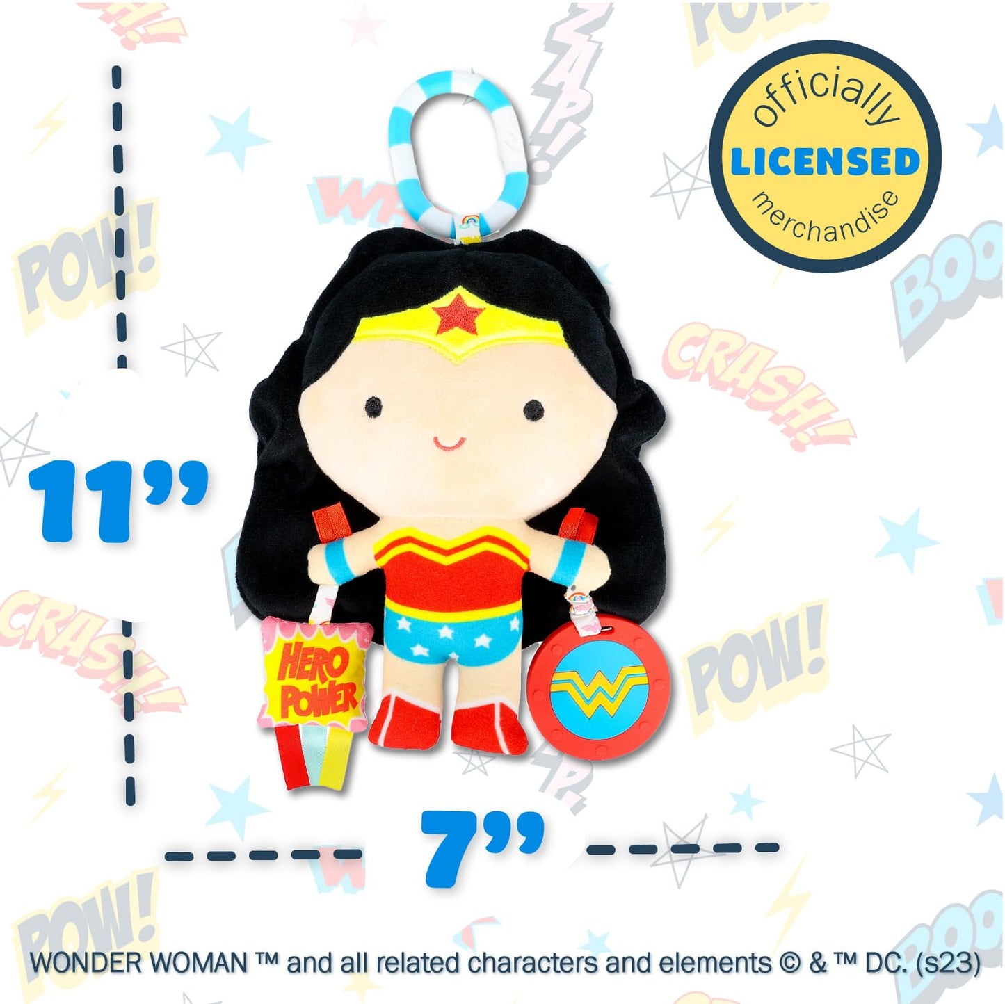 Kids Preferred DC Comics Wonder Woman Multi Sensory Activity Toy with Teethers, Crinkle Textures, and Clip for On The Go Fun for Infant and Baby Boys