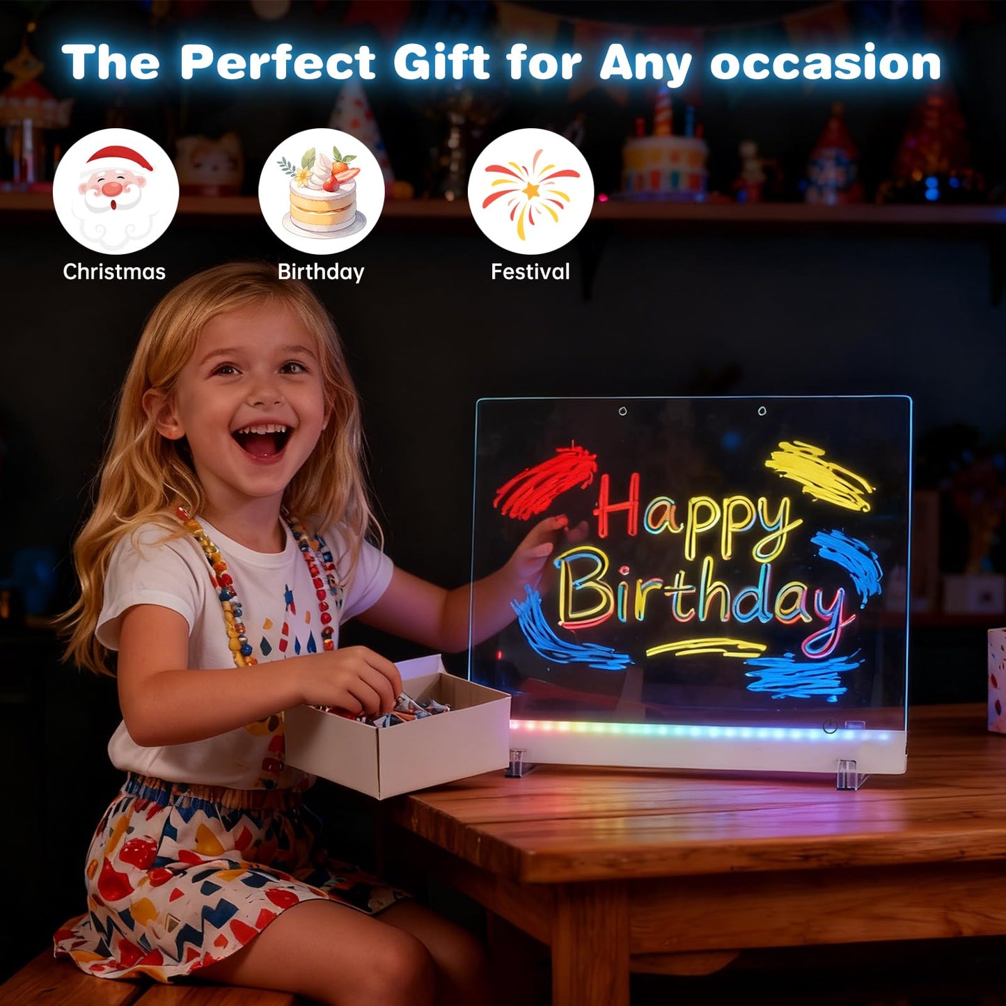 HONGDPENP Rechargeable LED Drawing Board, Light Up Doodle Pad with 7 Colors & 3 Modes, 7 Neon Markers & Stylus, Dry Erase Glow Sketch Tablet