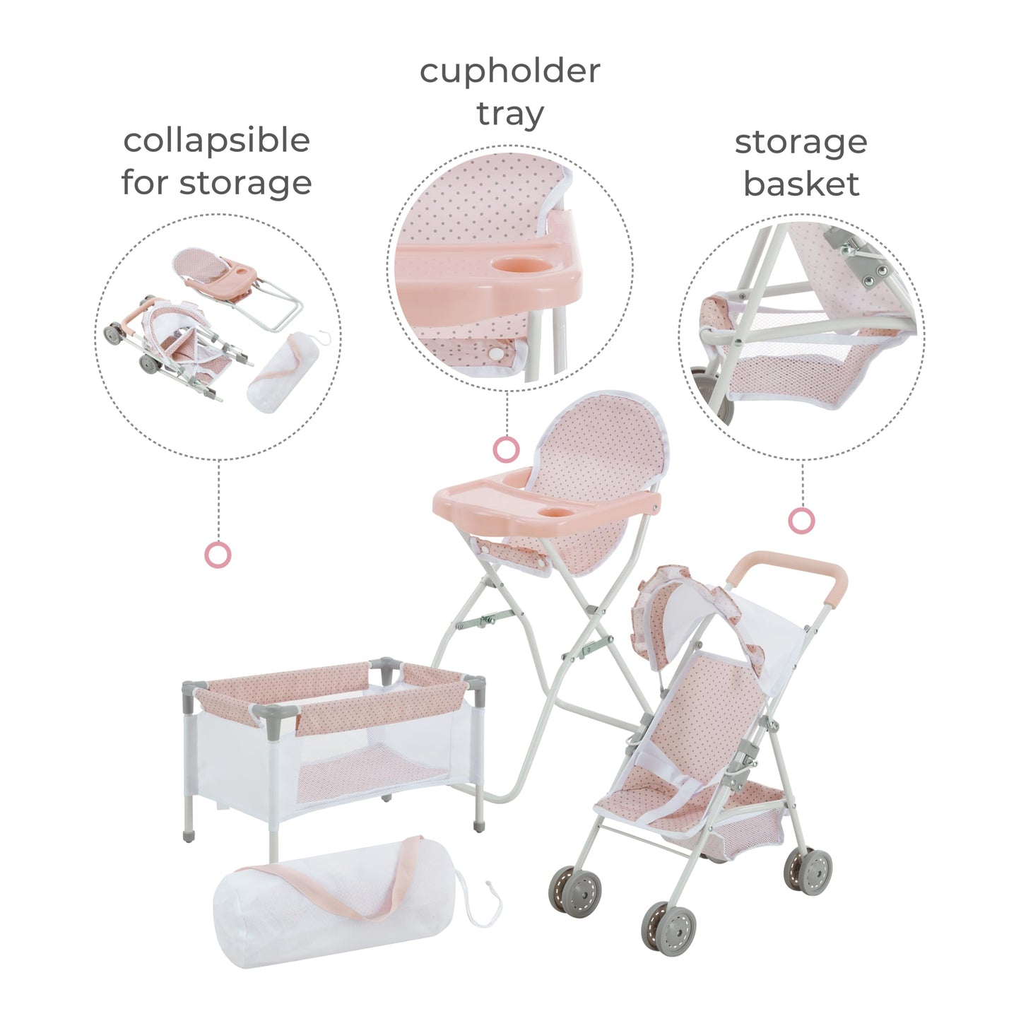 Olivia's Little World Polka Dot Princess Baby Doll 3pc Nursery Set - Crib, High Chair & Stroller, Pink & Gray