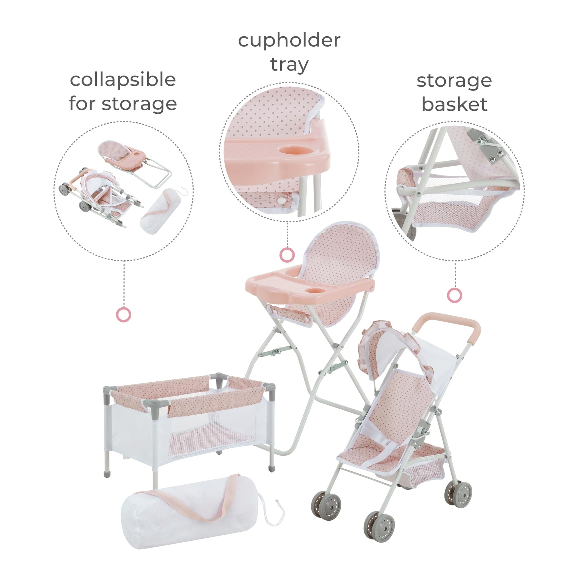 Olivia's Little World Polka Dot Princess Baby Doll 3pc Nursery Set - Crib, High Chair & Stroller, Pink & Gray