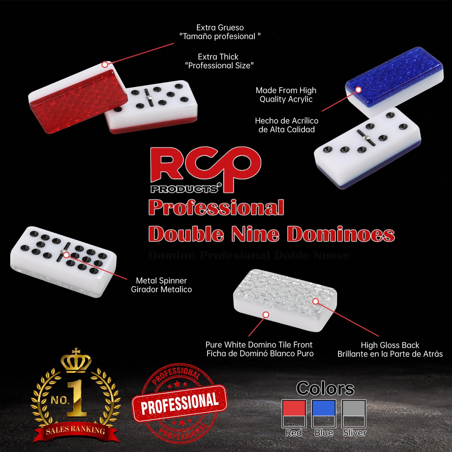 RCP PRODUCTS Dominos Set for Adults - Professional Double 9 Dominoes Set of 55 Tiles for Adults, Metal Spinner, Classic and Travel Board Game