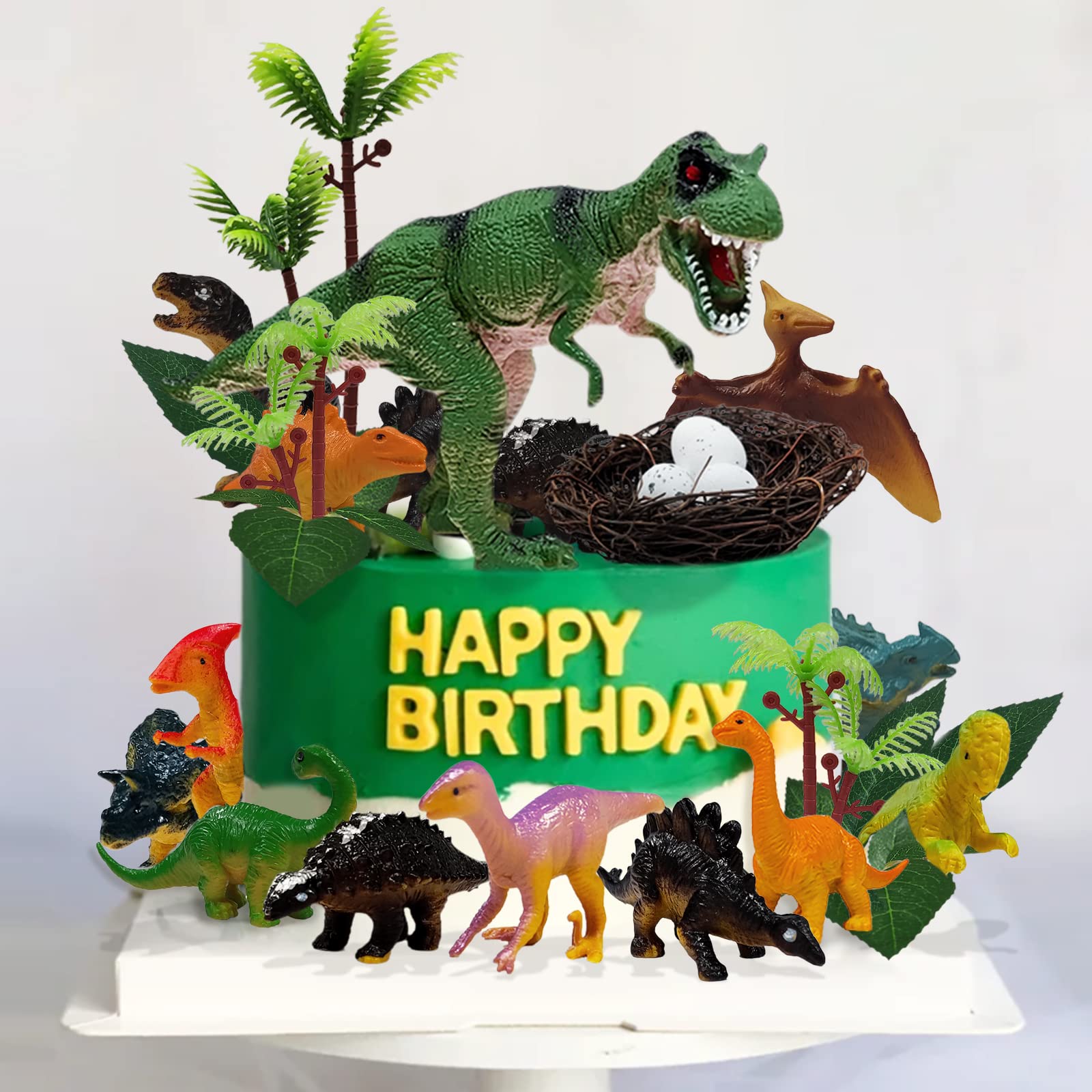 GLAHORSE 26 PCS Dinosaur Cake Toppers With Dinosaur Eggs Leaves Trees Cake Decorations For Birthday,Dinosaur Themed,Jungle Safari, Wild Animals,Kids