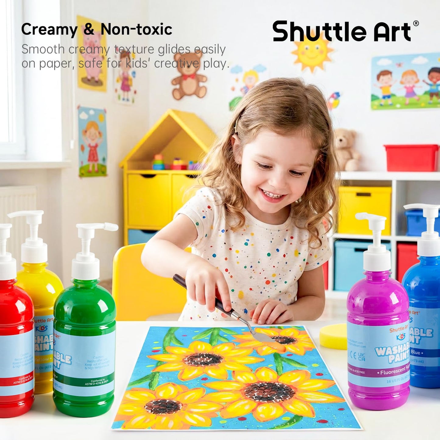 Shuttle Art 14 Colors Washable Paint for Kids, 16 oz Bulk Tempera Paint with Pump, Non-Toxic Kids Washable Paint for Art and Crafts, Home & School