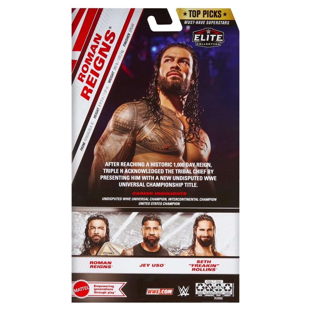 Mattel WWE Top Picks Elite Action Figure & Accessories Set, Roman Reigns 6-inch Collectible with Swappable Hands, Ring Gear & 25 Articulation Points