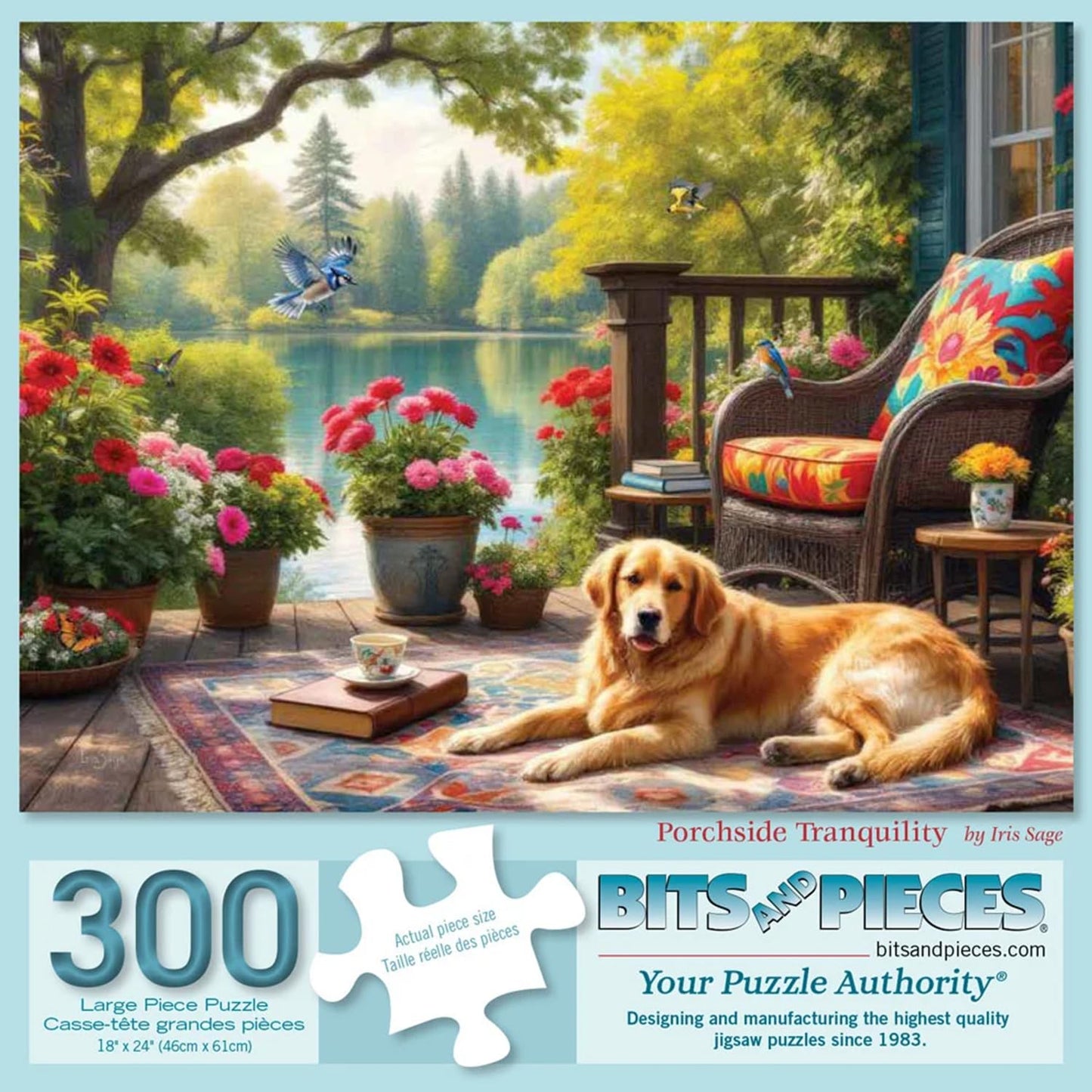 Bits and Pieces 300 Piece Puzzles for Adults - Porchside Tranquility - 300 Large Pieces 18" x 24" Jigsaw Puzzles, Golden Retriever Dog Lake, No 2