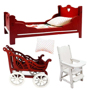 Miniature Furniture Set, Red and White Wooden Room Accessories,1/12 Scale, 5 Piece Desk,Table,Shelf Decor