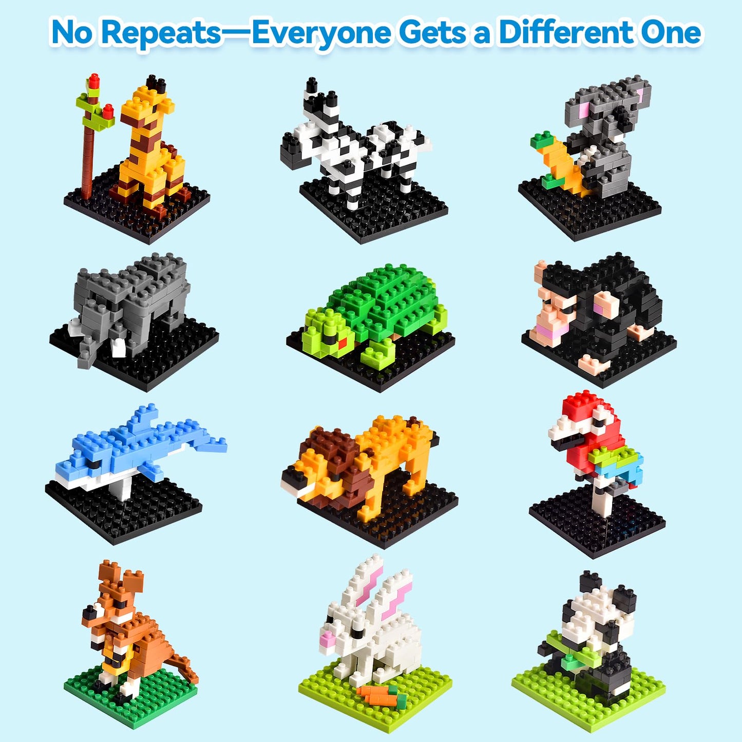 FUN LITTLE TOYS Mini Animal Building Blocks - 12 Pack, No Duplicates, Individually Boxed Zoo Sets for Kids 6-12, Party Favors, Classroom Prizes