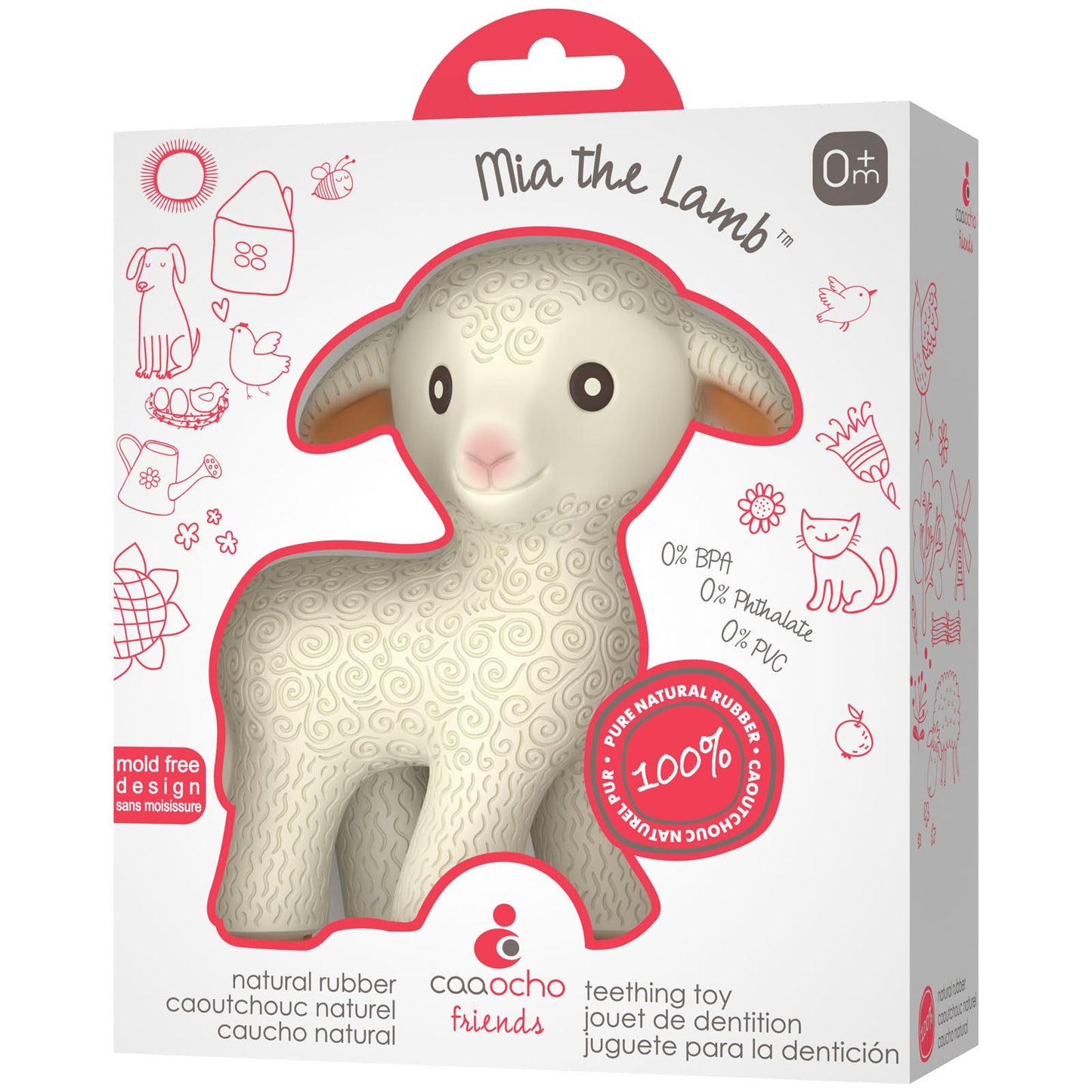 CaaOcho Pure Natural Rubber Teething Baby Toy - Mia the Lamb Teether for Babies, BPA Free Baby Toy, All Natural Teething Toys for Babies 0-6, Safe