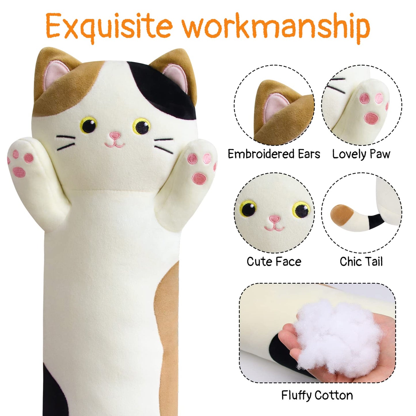 JEROKUMI Calico Cat Long Plush Pillow - 22" Soft Cat Body Pillow, Cuddly Stuffed Animal Plushie, Cute Plushies Kawaii Birthday Gift for Cat Lovers