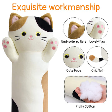 JEROKUMI Calico Cat Long Plush Pillow - 22" Soft Cat Body Pillow, Cuddly Stuffed Animal Plushie, Cute Plushies Kawaii Birthday Gift for Cat Lovers