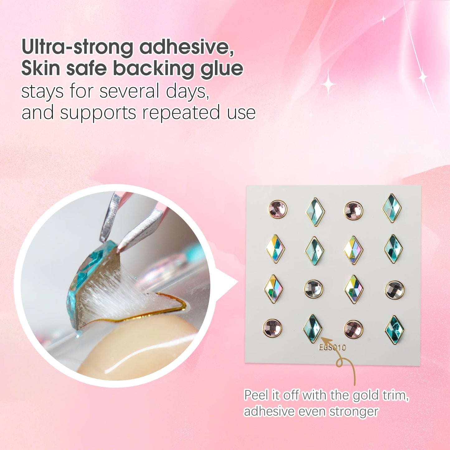 6 Sheet 3D Reusable Gem Stick on Earrings for Little Girls,Strong Self-Adhesive Crystal Sticky Earring for Infant Baby,Adhesive Rhinestone Earring