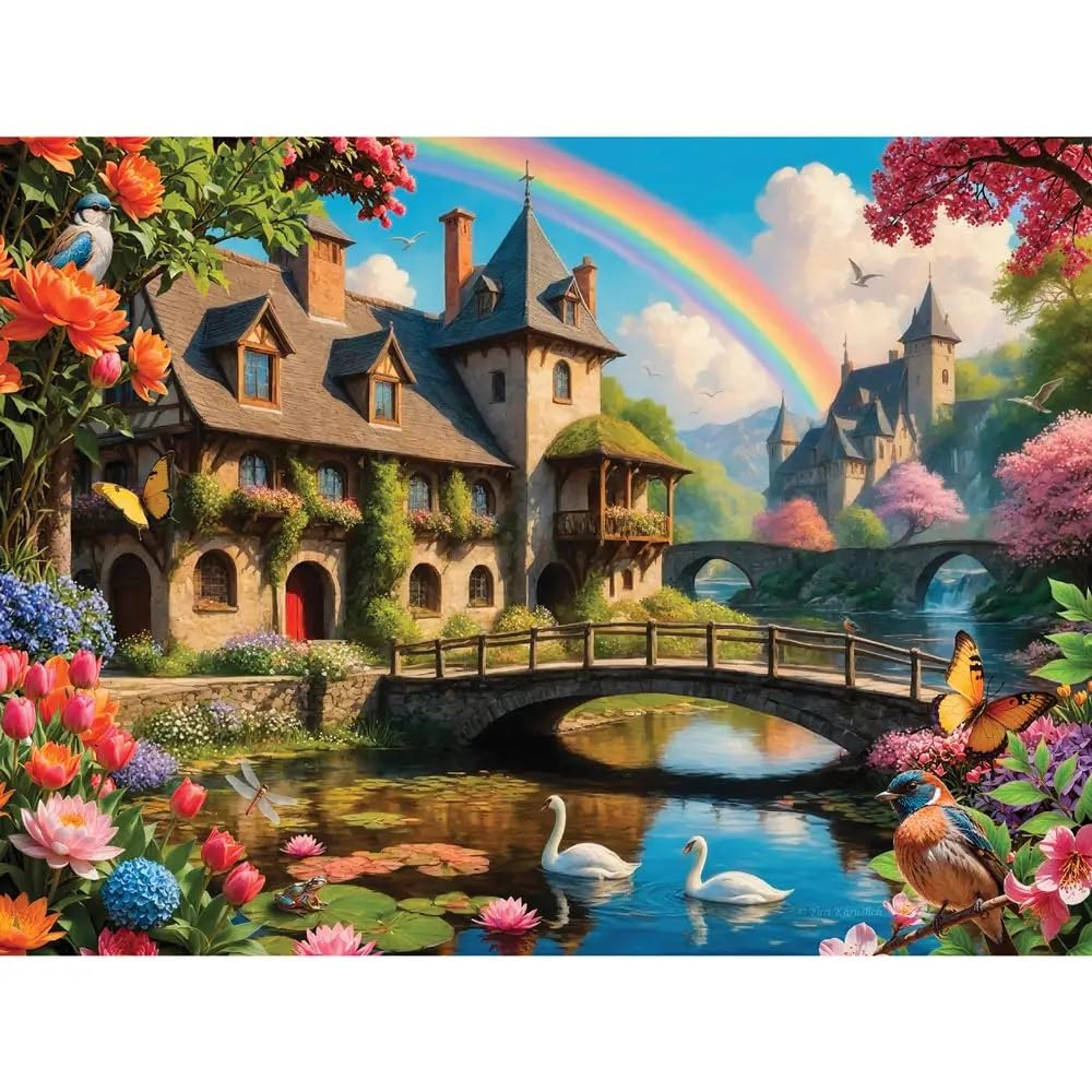 Bits and Pieces 3 Jigsaw Puzzle Set - 500 Piece Puzzles for Adults - Fantasy Landscapes - 18" x 24" Jigsaw Puzzles - Sunset Lighthouse Waterfall
