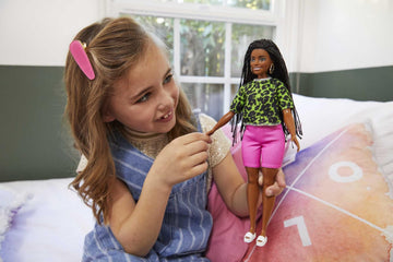 Barbie Fashionistas Doll #144 with Long Brunette Braids Wearing Neon Green Animal-Print Top, Pink Shorts, White Sandals & Earrings, Toy for Kids 3 to