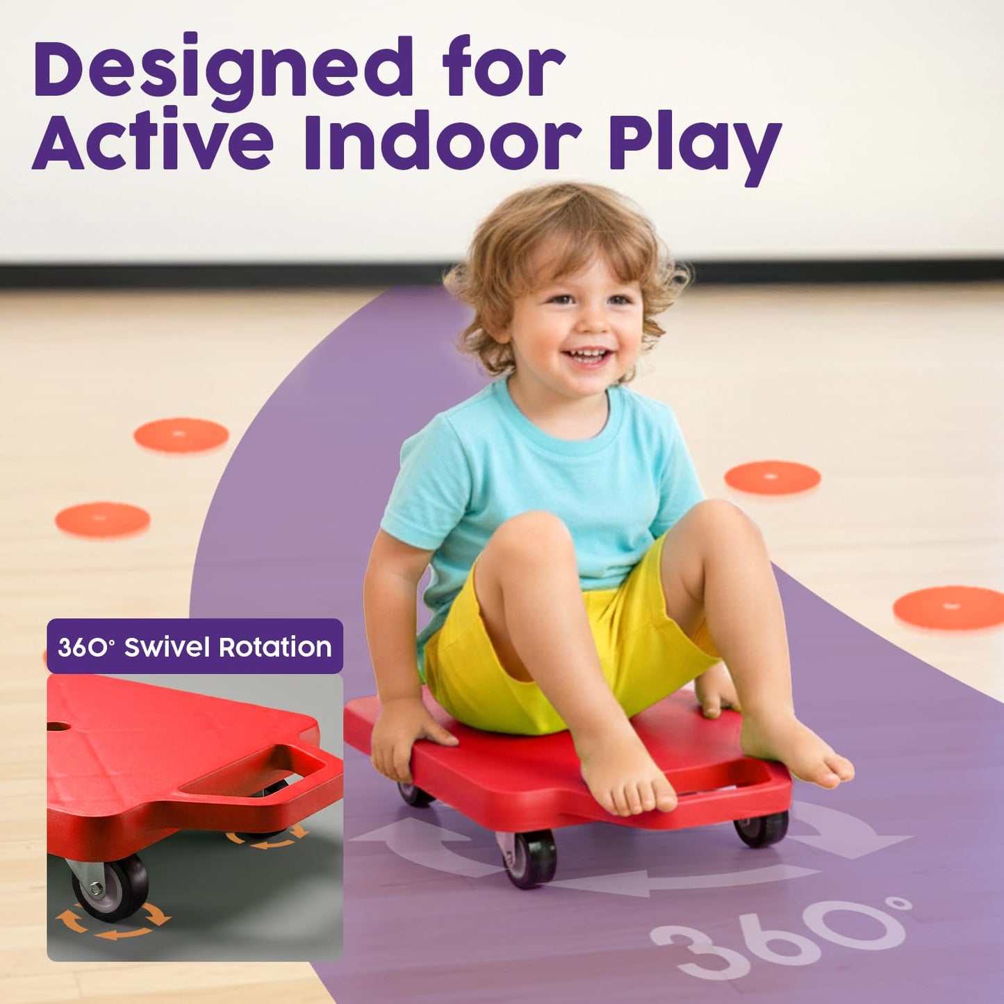 Hurtle Scooter Boards for Kids with Safety Handles, 2-Pack Heavy Duty Gym Floor Scooters with 360° Wheels for PE, Indoor Active & Sensory Play