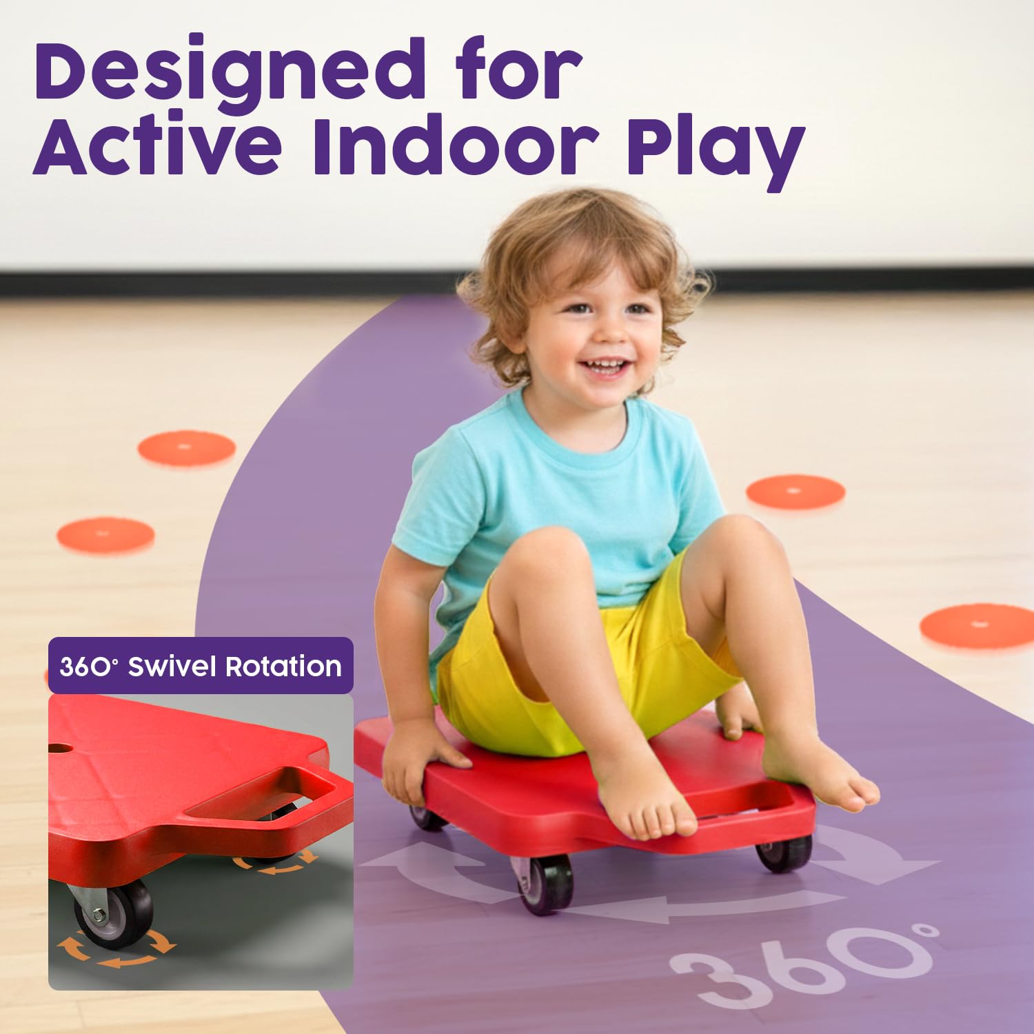Hurtle Scooter Boards for Kids with Safety Handles, 2-Pack Heavy Duty Gym Floor Scooters with 360° Wheels for PE, Indoor Active & Sensory Play