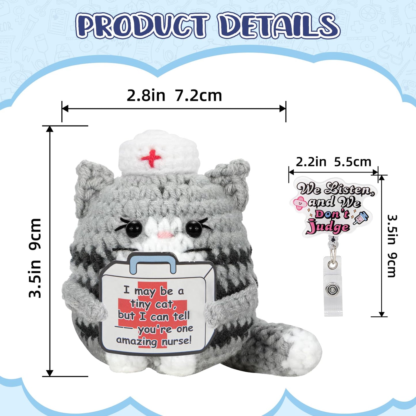 Funny Nurse Week Gifts for Women - 2026 Positive Crochet Cat with Nurse Badge Reel - Animals Emotional Appreciation Gifts for RN Registered