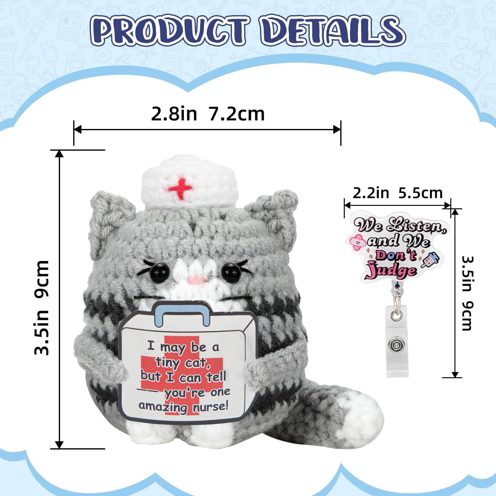 Funny Nurse Week Gifts for Women - 2026 Positive Crochet Cat with Nurse Badge Reel - Animals Emotional Appreciation Gifts for RN Registered