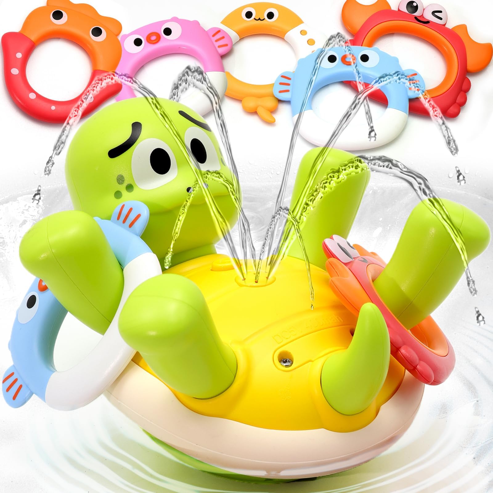 Sizobi Baby Bath Toys, Rechargeable Turtle Bath Toy Sprinkler for Toddler with 5 Rings, Bathtub Fountain Spray Toy,Pool Water Bath Toys for Kids Ages