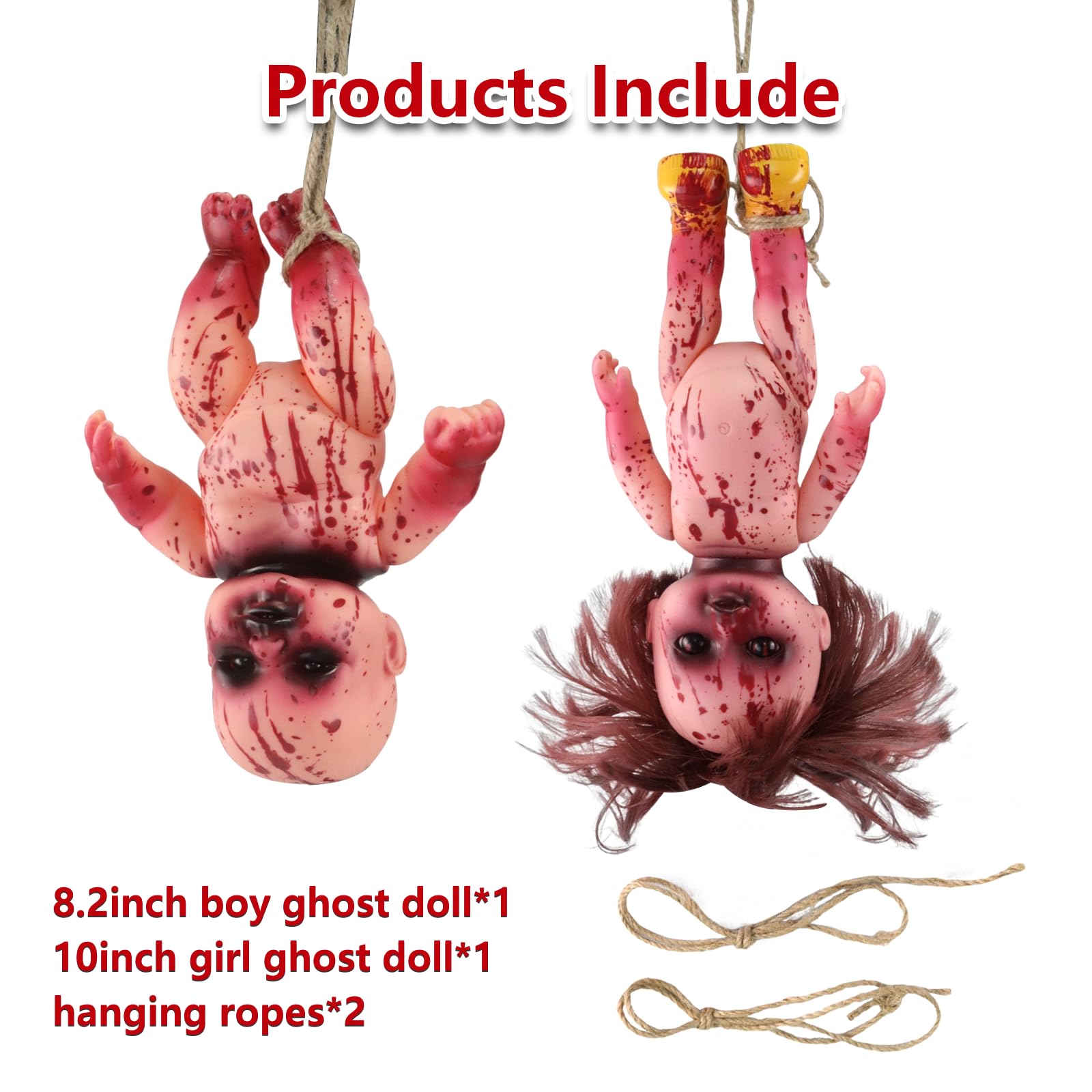 YYPLIAN 2pcs Halloween Creepy Dolls, 10 inch Bloody Haunted Doll Scary Hanging Zombie Dolls with Rope, Halloween Scary Horror Decoration Haunted House
