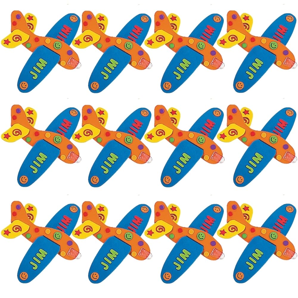 Fun Express Foam Airplanes for Kids 12 Pack - DIY Glider Plane Craft Kit with 229 Stickers | Airplane Party Favors for Birthday Activities | Flying