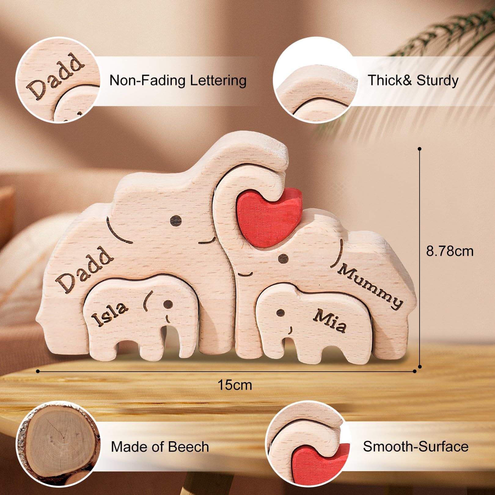 Personalized Bear Family Wooden Art Puzzle, Wooden Bear Jigsaw Puzzle with Heart, Customized Gift for Mom Dad Home Decoration (Popular Elephant Gift)