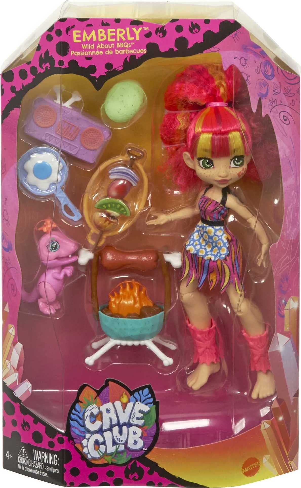 Mattel Cave Club Blazin' BBQ Adventure Playset with Emberly Doll (8 - 10-inch, Pink Hair), Dinosaur Pet and Storytelling Accessories with Cooking