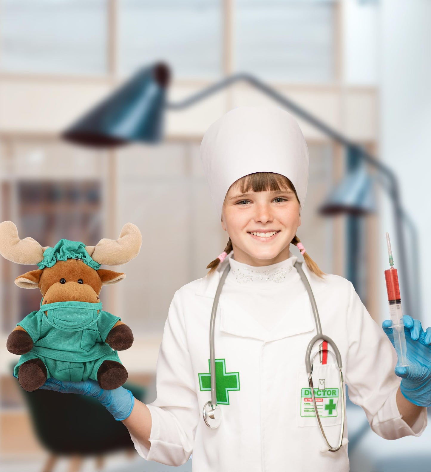 DolliBu Moose Doctor Plush Toy - Super Soft Moose Doctor Stuffed Animal Dress Up with Cute Uniform and Cap Outfit - Fluffy Toy Plush Gift for Doctor