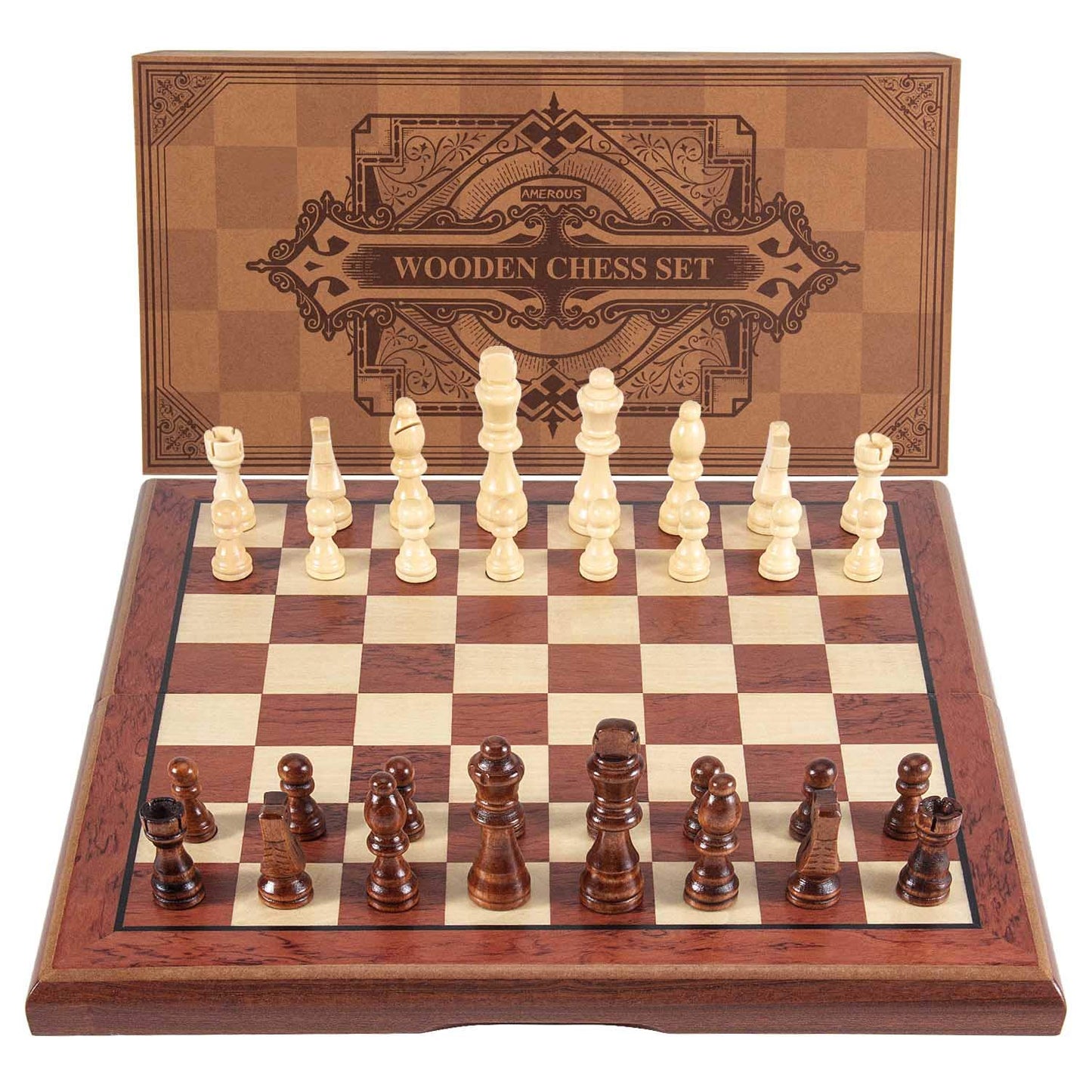 AMEROUS 15'' Magnetic Wooden Chess Set -Folding Board -2 Extra Queens -Chessmen Storage Slots -Gift Package, Travel Chess Board Game Sets for Kids
