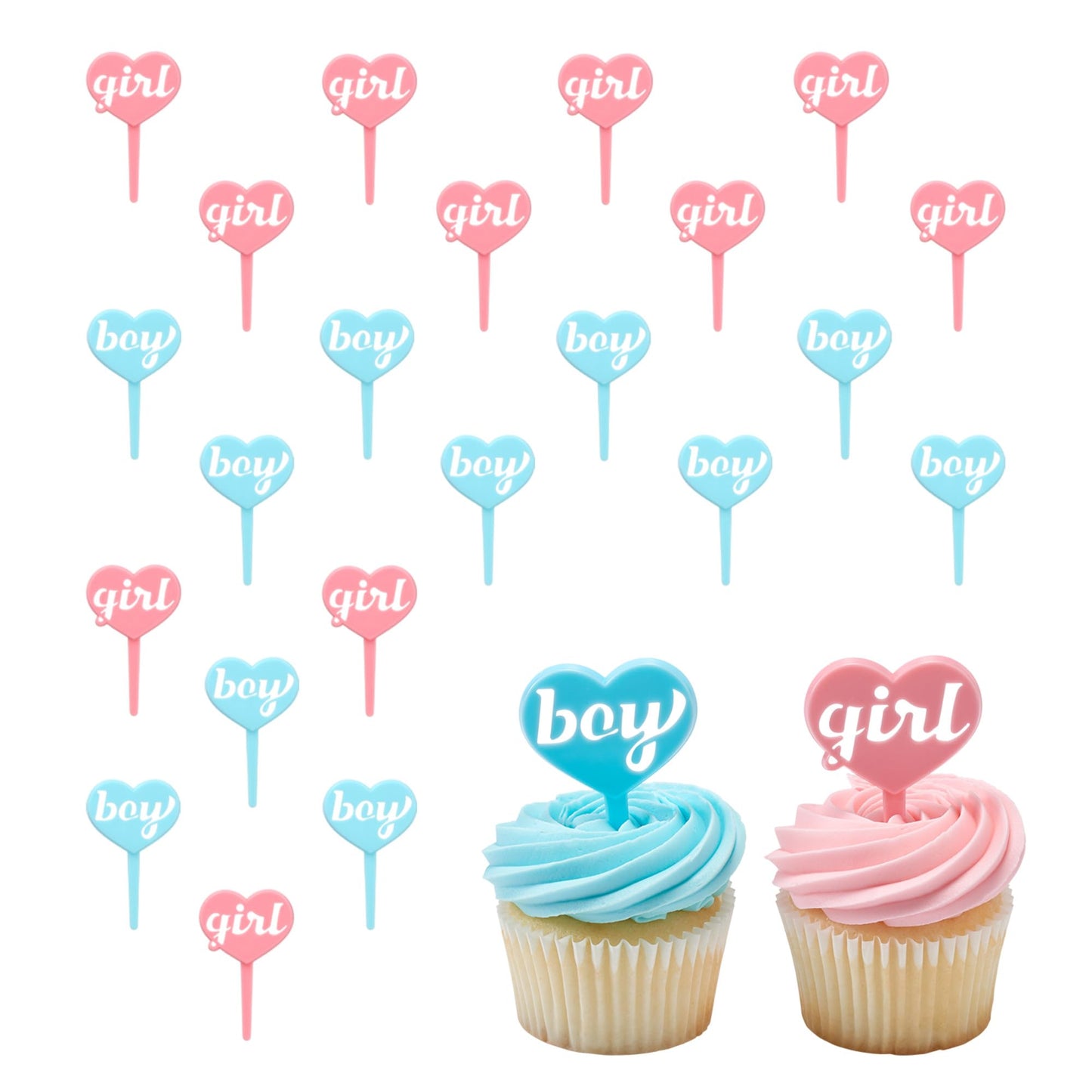 Boy Girl Cake Toppers, 24 Gender Reveal Cupcake Decorations, Blue & Pink Cupcake Pics For Baby Shower Or Gender Reveal - 24 Pack