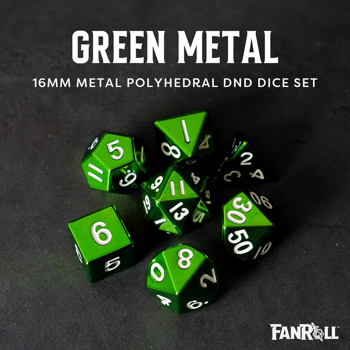 FanRoll 16mm Metal Polyhedral DND Dice Set: Green, Role Playing Game Dice for Dungeons and Dragons
