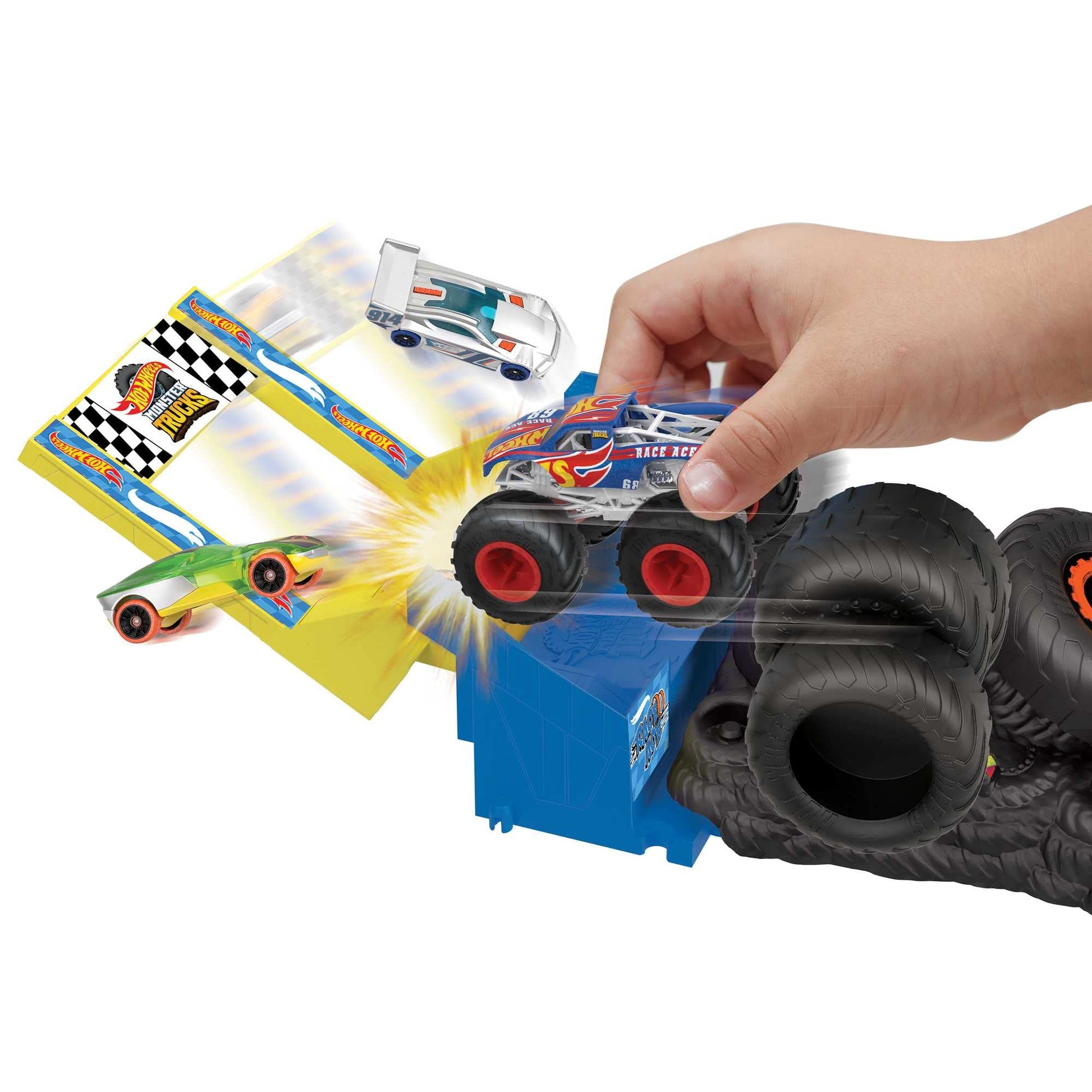 Hot Wheels Monster Trucks Arena Smashers Race Ace Smash Race Challenge Playset with 1:64 Scale Race Ace Toy Truck and 1 Crushable Car
