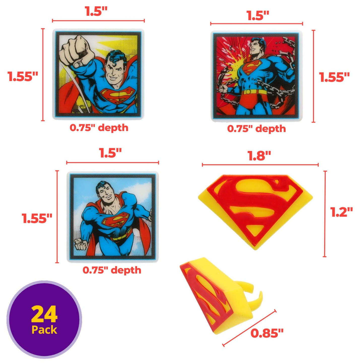 24 Superman Cupcake Rings, Superhero DC Cupcake Decorations, Food Safe Cake Toppers - 24 Pack